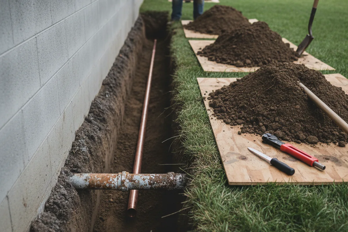Excavated water line trench during Water Softener Installation in Greensboro